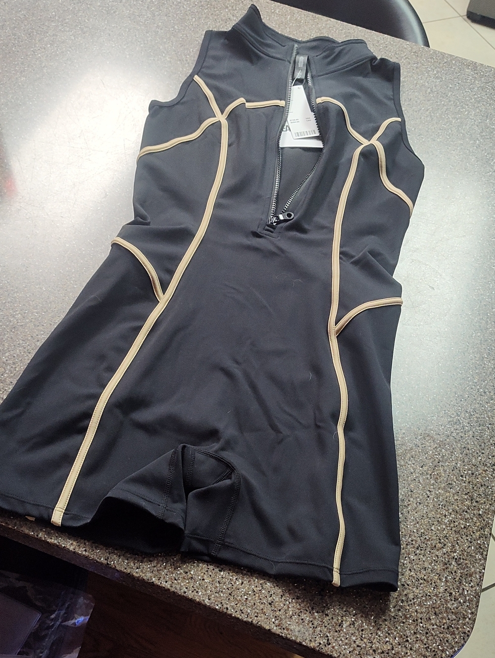Beach Riot Black One-Piece Swim Romper with Tan Piping